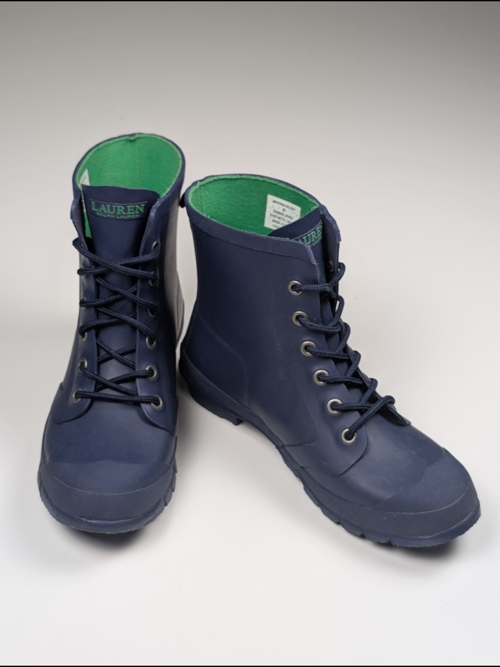 Lauren Ralph Lauren Womens 8B Mikenna Navy Blue Rubber Lace Up Ankle Rain Boots